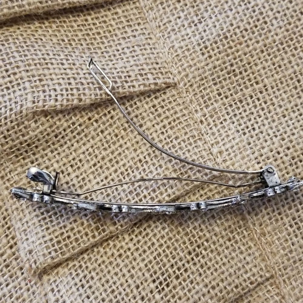 Vintage hair clip, silver, flower and leaf, clear and black crystals, 4”, updo - Picture 5 of 5